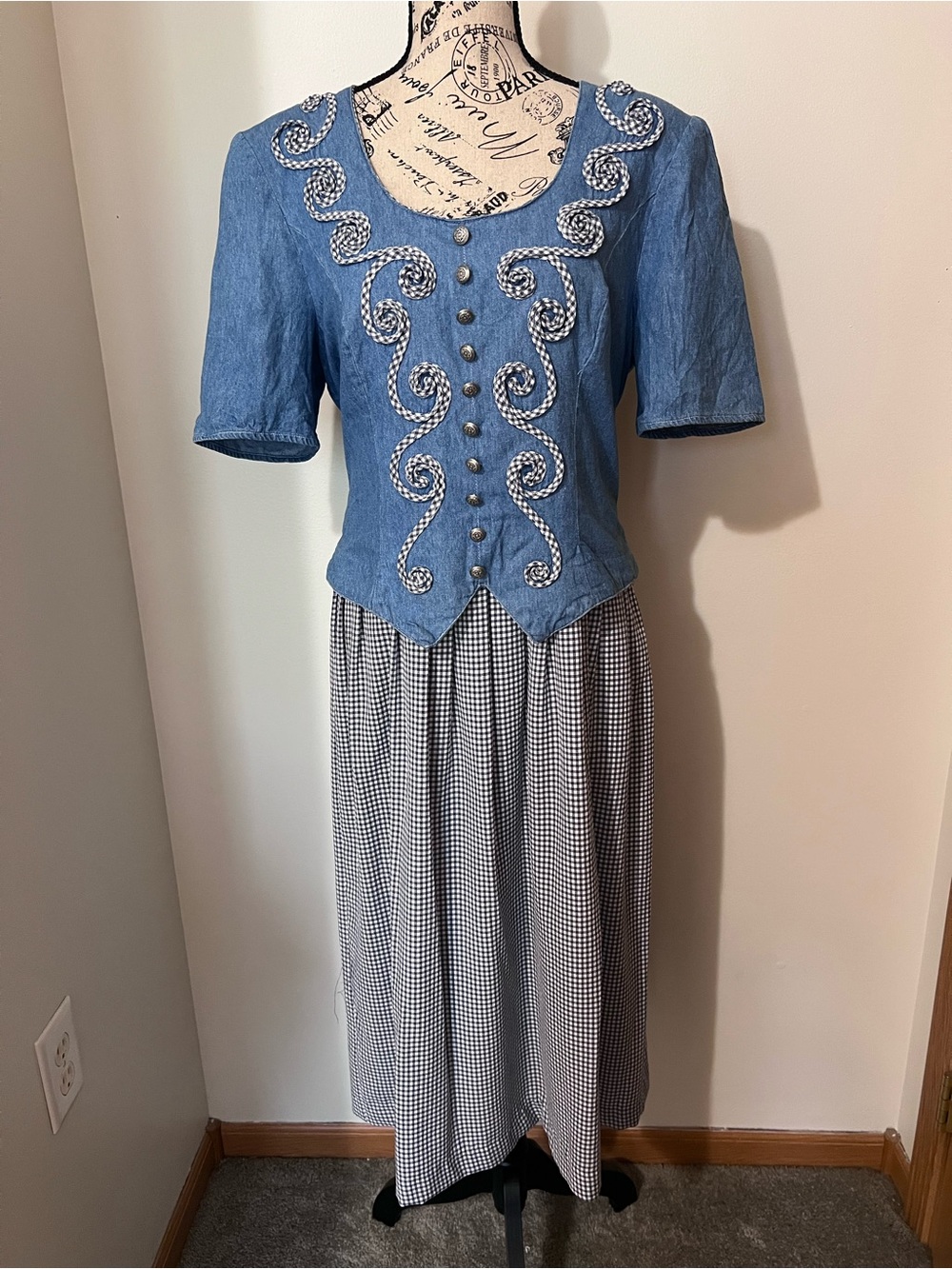 Vintage 90s Plaza South Petites Denim Gingham Dress 12P Cottagecore Western
